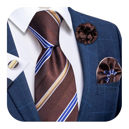 Image of DiBanGu Silk Ties for Men Necktie and Lapel Pin Brooch Set Formal Woven Paisley Plaid Striped Solid Tie Wedding Party