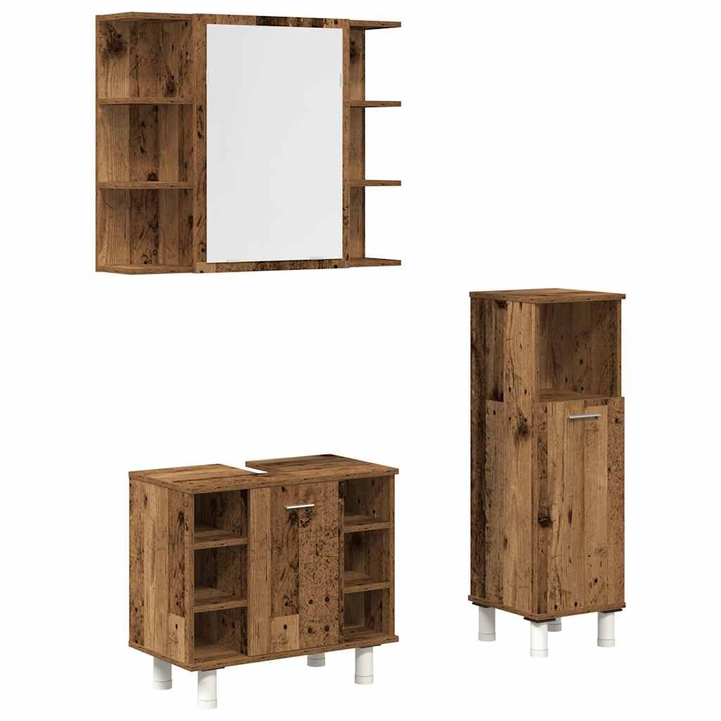 Set Mobili da Bagno 3 Pezzi in Legno Multistrato Effetto Antico | Arredo completo per stanza da bagno con specchiera e mobili contenitori salvaspazio per organizzare ogni accessorio.
