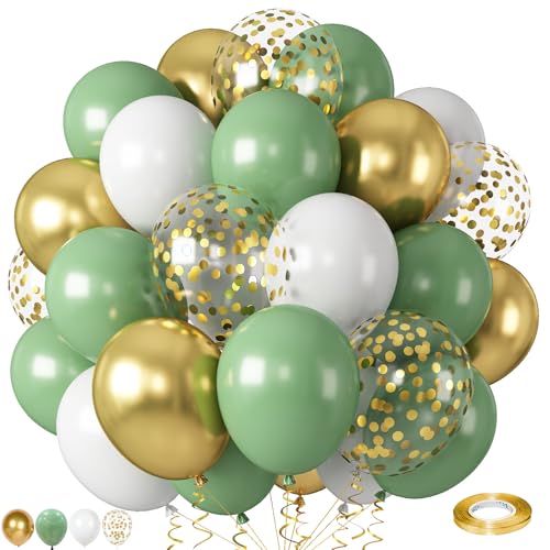 Image of Sage Green Gold Balloons, 55 PCS 12 Inch Retro Green White Metallic Gold Confetti Balloon, Olive Green Balloon for Birthday Baby Shower Engagement Wedding Anniversary Graduation Party Decoration