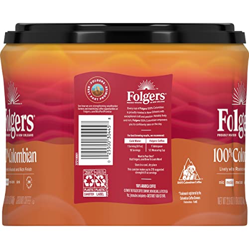 Image of Folgers 100% Colombian Coffee, Medium Roast Ground Coffee, 22.6 Ounce Canister (Pack of 2)