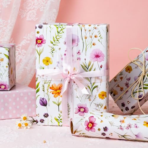 Image of Burymento Flowers Wrapping Paper, Reversible Wave Point Gift Wrap for Birthday, Valentines, Mothers day, Graduation, Wedding, Fathers day, Baby Shower, Christmas (17in x 16.4ft)