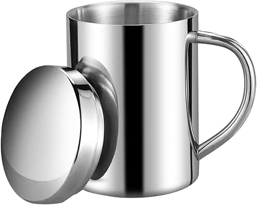 Miniatura 7 de Tazas de metal de doble pared de acero inoxidable de 13.5 onzas, taza de café y té aislada con tapa y asa para acampar y uso diario (2 piezas)