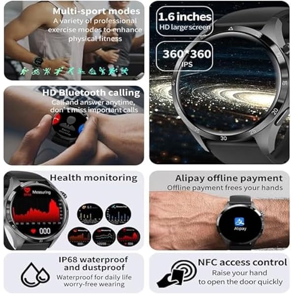 Модные умные часы Bluetooth 1 6 дюйма сенсорный экран умные уведомления отслеживание активности с подключенным GPS водонепроницаемые черные