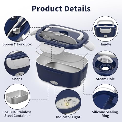 Image of Vingud Electric Lunch Box Food Heater, 3 in 1 Heating Lunch Box for Work /Car /Truck, Heated Lunch Boxes for Adults with 1.5L Stainless Steel Container, 12V 24V 110V (Blue + White)