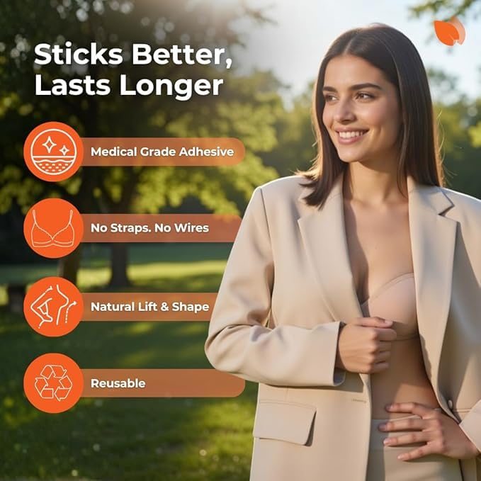 Image of Stick On Bra for Backless Dress | Adhesive Strapless Sticky Bra for Women, Full Coverage Strong Hold | Reusable Silicone Invisible Push-Up | Seamless | 5 Sizes S-XXL, Nude and Black