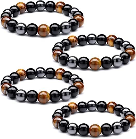 4 Pieces Triple Protection Bracelet 8MM Tiger Eye Hematite Stone Black Obsidian Stone Bracelets Stress Relief And Anxietysone For Unisex Adult