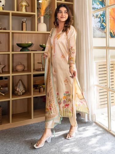 Image of VredeVogel Women's Viscose Silk Blend Straight Kurta Pant Set with Printed Dupatta for Festive & Casual Ethnic Kurta Sets