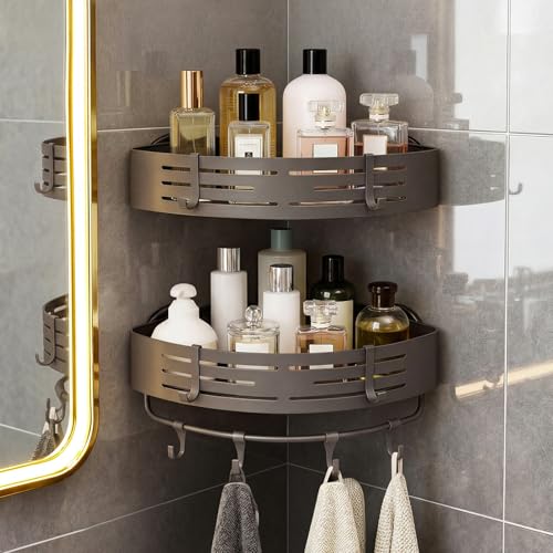 TIMBERHIDE 3-Tier No-Drill Storage Caddy with Hooks&Towel Bar,Organizing Solution for Bathroom,Shower&Kitchen,Holds Shampoos,Soaps,Sponges&Cleaners,Triangle