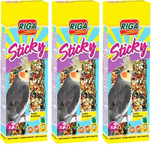 Riga - Sticky mit Früchten für Großsittiche - Gebackene Sticks - Mischung aus Körnern, Getreide und Früchten, darunter Apfel und Rosine - Schachtel mit 2 Sticky Sticks, 140 g (3er Pack)