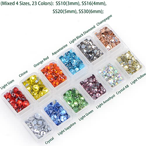 Chccoye 5680+ Pcs Mixed 5 Sizes Hot Fix Round Crystals Gems Glass Stones Hotfix Flat Back Rhinestones For Diy Making With 1 Tweezers And 1 Pick Pen (Mixed 4 Sizes, 23 Colors) #TOP4