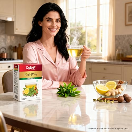 Image of Celest Kahwa Green Tea, 20 Tea Bags | Helps in Detox | Contains Desi Herbs & Spices