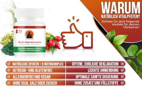 Vitalpfoten 75 Multi Algenkomplex Kapseln für Hunde und Katzen mit Chlorella, Spirulina, Grünlippmuschel, Eisen, Vitamin C & Vitamin B nutrikomplex - Energie & Nerven - Vitamin-B und Eisentabletten