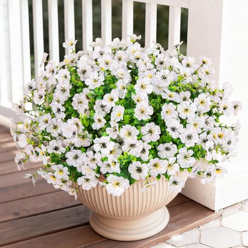 Image of Bassion 24 Bundles Artificial Flowers for Outdoors Fake Flowers, White | UV resistant, silk flowers, realistic faux plants for outdoor planter, window box porch patio garden home outside decor
