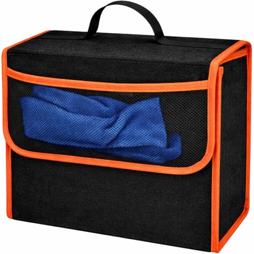 Image of JVCV Car Trunk Organizer Storage Bag with Mesh Pocket | Foldable Boot Storage Box | Durable Black Organizer | 29x30x17 cm | Multipurpose Car Storage | Small - Black Orange