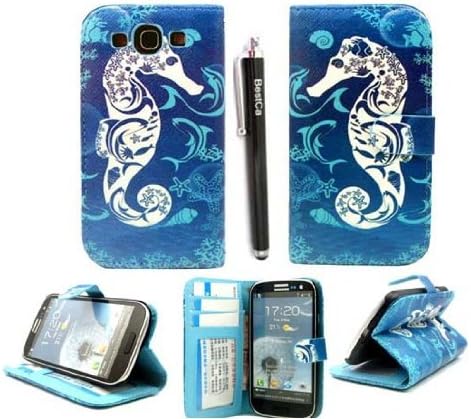 Bestca S3 Blue Hourse Design PU leather Wallet PU Leather Case Card Holder Flip Case Cover for Samsung i9300 Galaxy S3 III with Bestca Stylus Pen