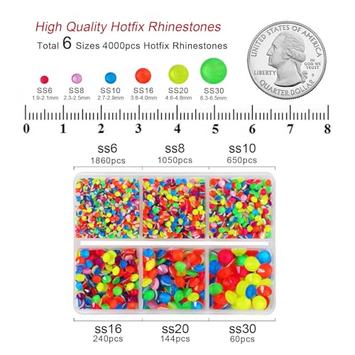 Image of BEADSLAND Hotfix Rhinestones, 4000 PCS Rhinestones for Clothes Crafts Mixed 6 Sizes with Wax Pencil and Tweezers Kit, SS6-SS30, Neon Mix