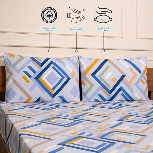 Image of Amazon Brand - Umi Cotton Fitted Bedsheet, Queen Size 78x60 Inches, Elastic Fit Bed Sheet, 10 Inch Deep Pocket, Soft Breathable Bedding, Durable Easy Care, with Pillow Cover-Prism Path