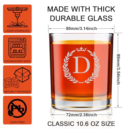 Image of Personalized Whiskey Glasses Gifts for Men, Monogrammed Engraved A-Z 10.6 oz Rocks Glass Customized Gift, Unique Christmas Birthday Gifts for Men Him Dad Husband Brother Son (D)