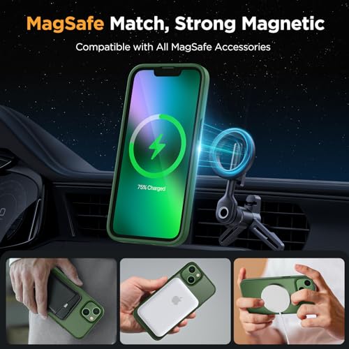 Image of Miracase Magnetic for iPhone 13 Case 6.1 inch (Compatible with MagSafe)(with 2X Screen Protectors) Military-Grade Protection, Anti-Fingerprint Translucent Matte Phone Case Cover, Dark Green