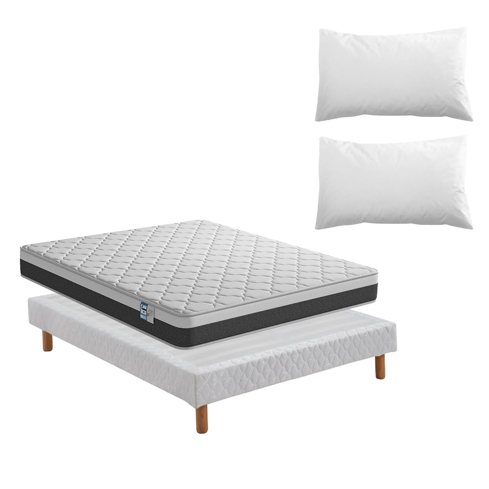 TEENO Mémoire Matelas en Mousse 160x200x18 cm avec 2 Oreiller +Sommier tapissier volige,Ensemble Matelas et sommier Tapissier (Épaisseur 18, 160x200cm Matelas+Oreillers+Sommier Tapissier（Style 2）)