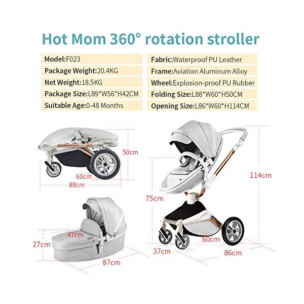 Hot Mom Kinderwagen 3in1/2in1 mit 360-Grad-Drehfunktion, kombiKinderwagen mit Babywanne/Sportwagen/PU-reifen/Kunstleder Sitz (Grau-2, ohne autositz) – Bild 5