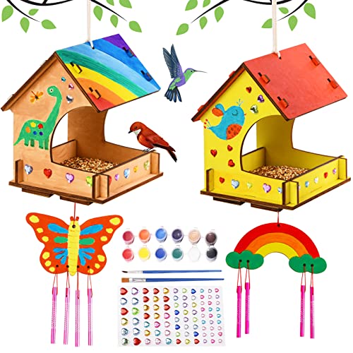THWAS-LIGHT Wooden Arts and Crafts for Kids - 2 Pack Bird Feeder Wind Chime DIY Kids Crafts - Build and Paint Educational Fun Art Activities Gifts Outside Toys for Boys Girls Ages 3-5 8-12 6-8