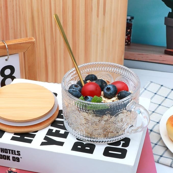 Image of PrimeWorld Overnight Oats Containers with Lids Set of 4pcs-420ml, Vintage Coffee Mugs Gifts for Women, Glass Cups with Spoons and Bamboo Lids,Great for Coffee, Overnight Oats,Juice.