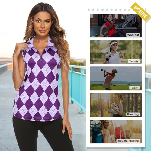 Image of Koscacy Women's Sleeveless Golf Tennis Polo Shirts Zip Up Dry Fit Workout Tank Tops Athletic Shirt