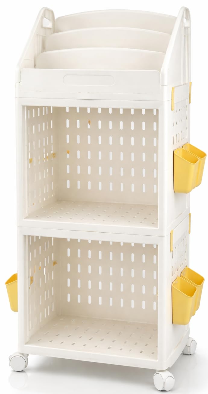 VOIDROP Multi-Purpose Kids Storage Organizer, 3-Tier Rolling Bookshelf, Detachable & Foldable ABS Plastic Rack with 2 Side Hanging Bins, Portable Storage for Books, Toys & Clothes, White-image-34