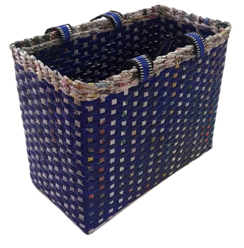 Image of Paperus, Large, Lunch Bag, Picnic Basket, Carry Bag, Handbag, Tiffin Basket for Office; Rectangular, Eco-Friendly, Handmade, of Paper Ropes, in Inch 11 H, 14 L, 7 Wide Base Blue