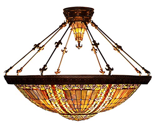 HT Tiffany Style Inverted Ceiling Fixture Lighting Semi Flush Mount, 43 inch Baroque Stained Glass Shade 6 Light Pendant Chandelier, for Dinner Room Bedroom Living Room HT Tiffany Style Inverted Ceiling Fixture Lighting Semi Flush Mount, 43 inch Baroque Stained Glass Shade 6 Light Pendant Chandelier, for Dinner Room Bedroom Living Room