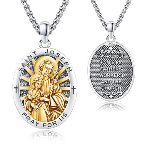 St Joseph Medal Necklace for Men Women San Jose 925 Sterling Silver 18K Gold Plated Patron Saint Joseph Catholic Amulet Pendant Religion Protection Jewelry Father's Day Graduation Gifts