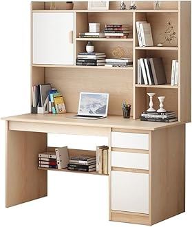 LITFAD Modern Computer Desk Work from Home Desk with Hutch, Bookcase and Integrated Cable Management, Rectangular Wood Office Desk 3 Drawers, 47.2" L x 17.7" W x 64.2" H, Natural