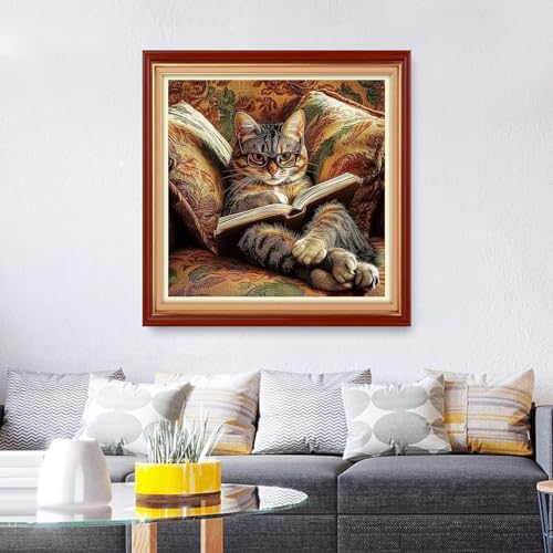 Image of Foxhool Stamped Cross Stitch Kits,11CT Printed Cross Stitch Pattern Full Embroidery Kits for Beginner Needlepoint Kits&Cat Reading 18x18 inch