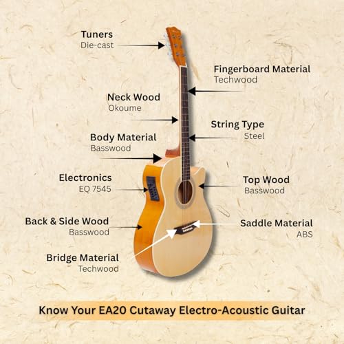 Image of VAULT Basswood EA20CE Electro Acoustic Guitar Kit With Learn To Play E-Book, Bag, Strings, Straps, Picks, String Winder & Polishing Cloth - 40 Inch Cutaway Guitar