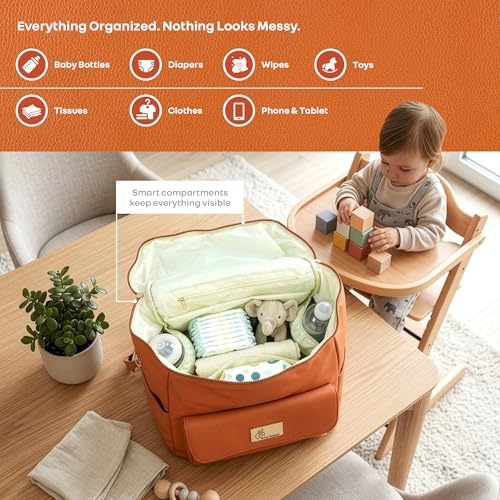Image of R for Rabbit Caramello Bold Ivy Diaper Bag for Moms, Premium Vegan Leather with Insulated Bottle Pockets, 7 Compartments, Maternity Travel Backpack, 24 Litre Capacity (Rust Orange)