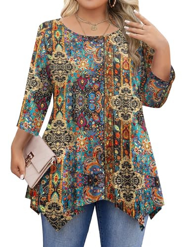 IN'VOLAND Womens Plus Size Tops 3/4 Length Sleeve Loose Fit Dressy Casual Blouse Flowy Shirts to Wear with Leggings