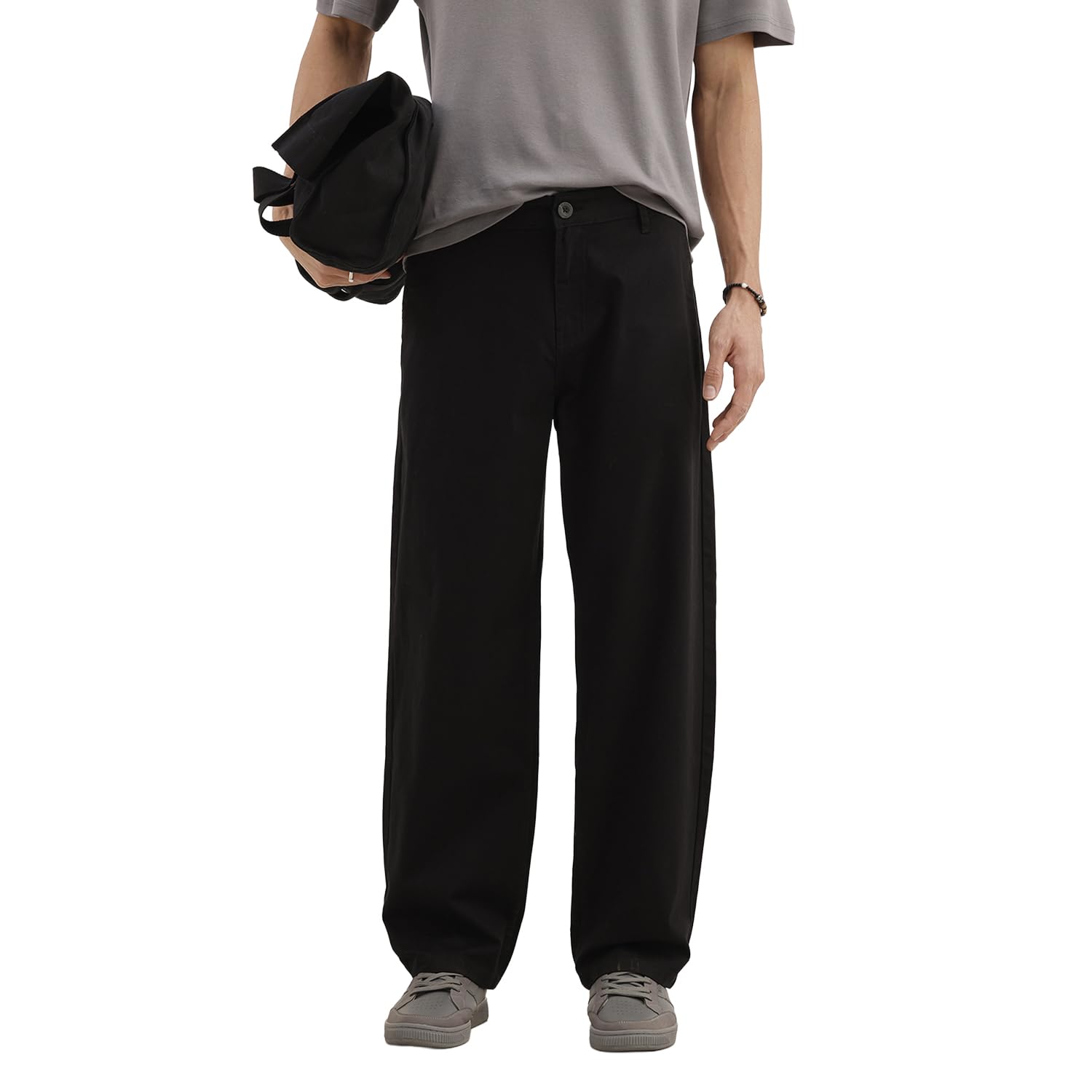 WROGN Men's Solid Loose Fit Trousers | Black in black