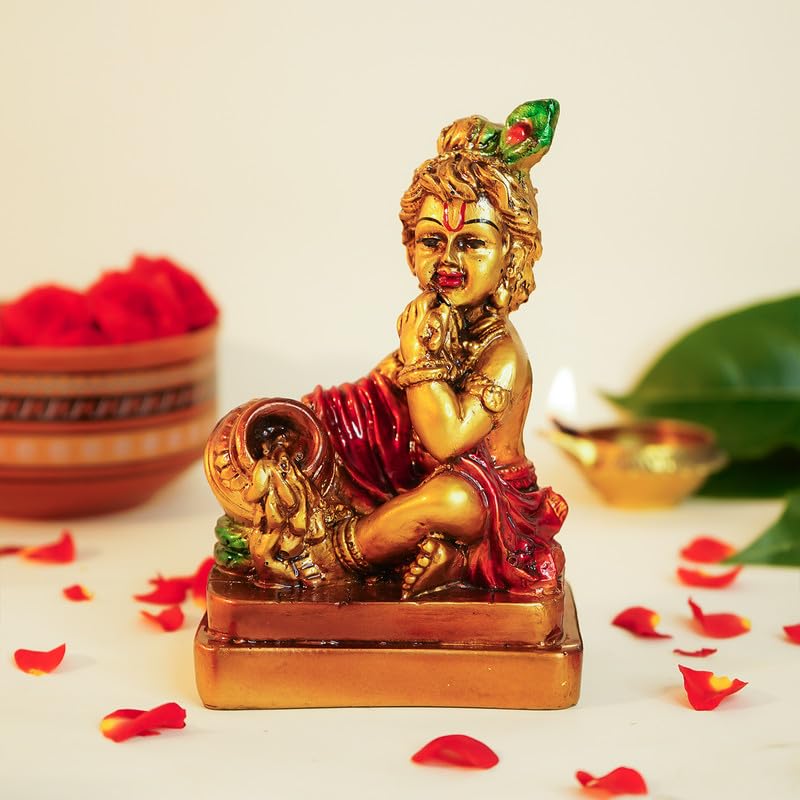 Image of Ekhasa Aura Series Antique Gold Painted Bal Gopal Murti (5 inch) | Marble Dust Laddu Gopal Murti for Puja | Resin Baby Krishna Idol for Home | Bal Krishna Idol | Sri Krishna Idols | Makan Chor Idol