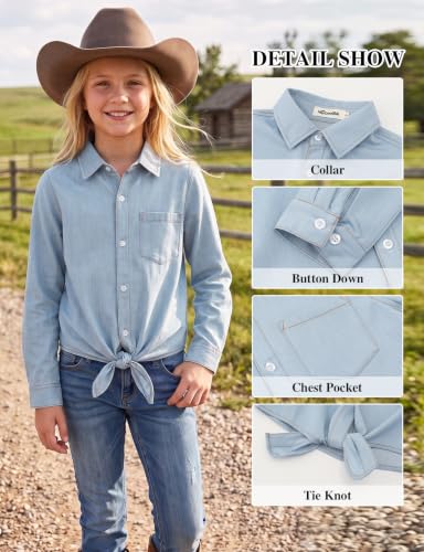 Image of Noomelfish Girls Long Sleeve Button Down Shirt Tie Front Western Tops Cowgirl Outfit (5-14 Years)