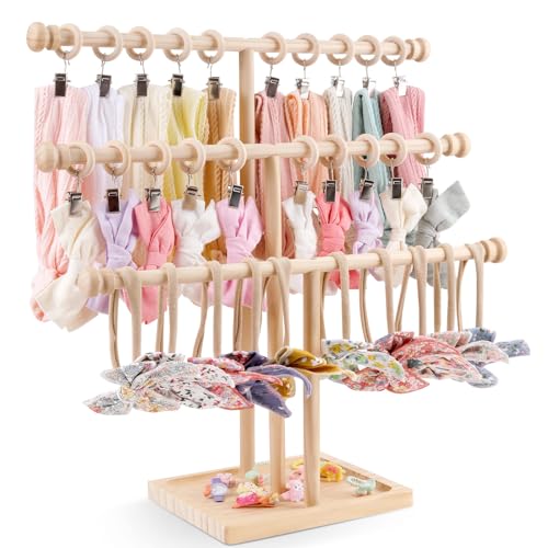 AOFLLU Baby Headband Holder - 3-Tier Wooden Headband Organizer - Hairbands Display Stand Hair Accessories Organizer Storage - Baby Gift Registry and Baby Shower List for Nursery Decor