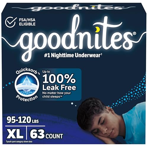 Goodnites Boys' Nighttime Bedwetting Underwear, Size Extra Large (95-120 lbs), 63 Ct (3 Packs of 21), Packaging May Vary