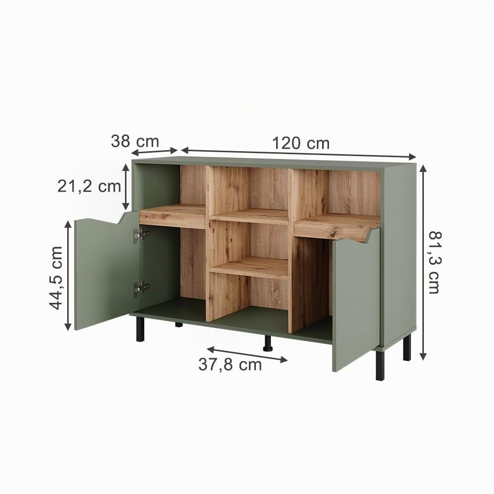 Vicco Credenza Marelle, Verde/Artigianale, 120 x 81.3 cm | con 2 porte, per la conservazione di abiti, libri o oggetti domestici
