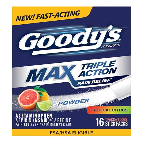 Goodys Max Triple Action Pain Relief Headache Relief Powder with Acetaminophen Aspirin & Caffeine for Fast Effective Relief of Tough Headaches Tropical Citrus 16 Count