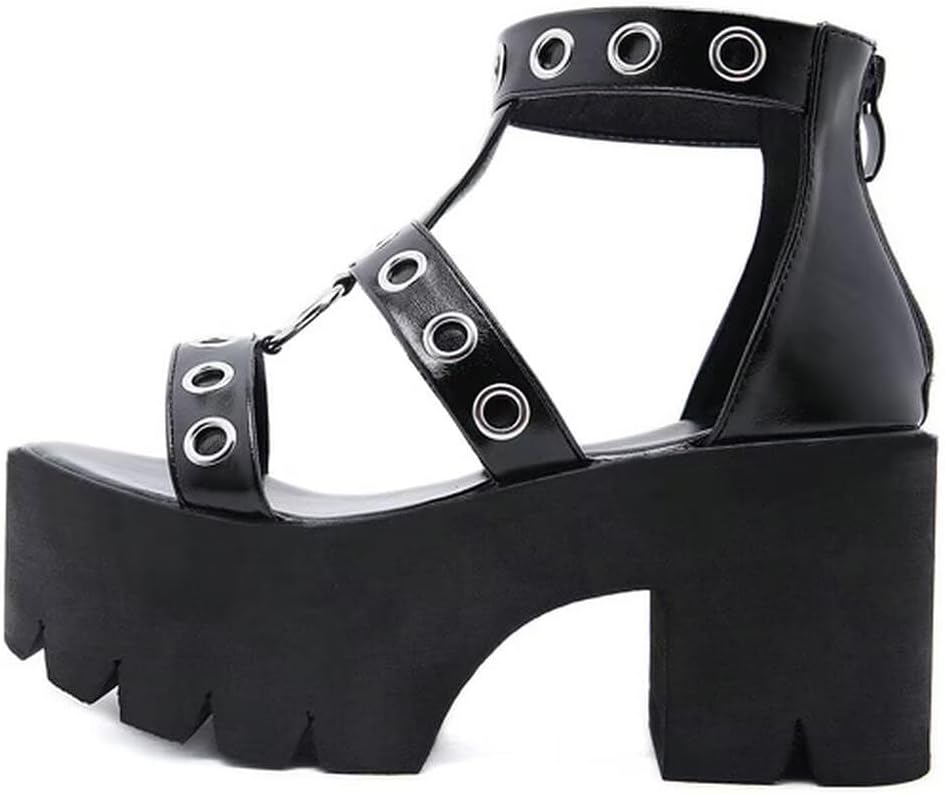 Agodor Women's Goth Platform Sandals Ankle Strap Chunky High Heels Open Toe Slingback Roman Gladiator Shoes US9.5 black style1 - Image 5