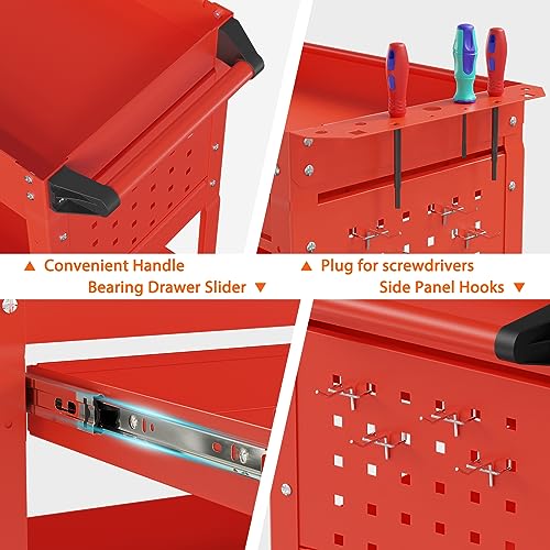 Image of 3 Tier Heavy Duty Rolling Tool Cart with Drawers, Large Storage Utility Cart on Wheels for Garage, Warehouse, Repair Shop (Red)