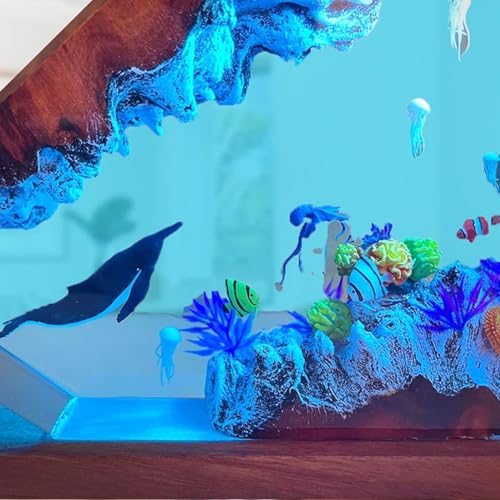Image of Drawelry Ocean Creative Epoxy Resin Wood Light Lamp, Handmade Multi Color Aquatic Ocean Lamp Deep Sea Cave Diving Enthusiasts Led Night Light Desktop Decor Birthday Gift (Jellyfish, M)