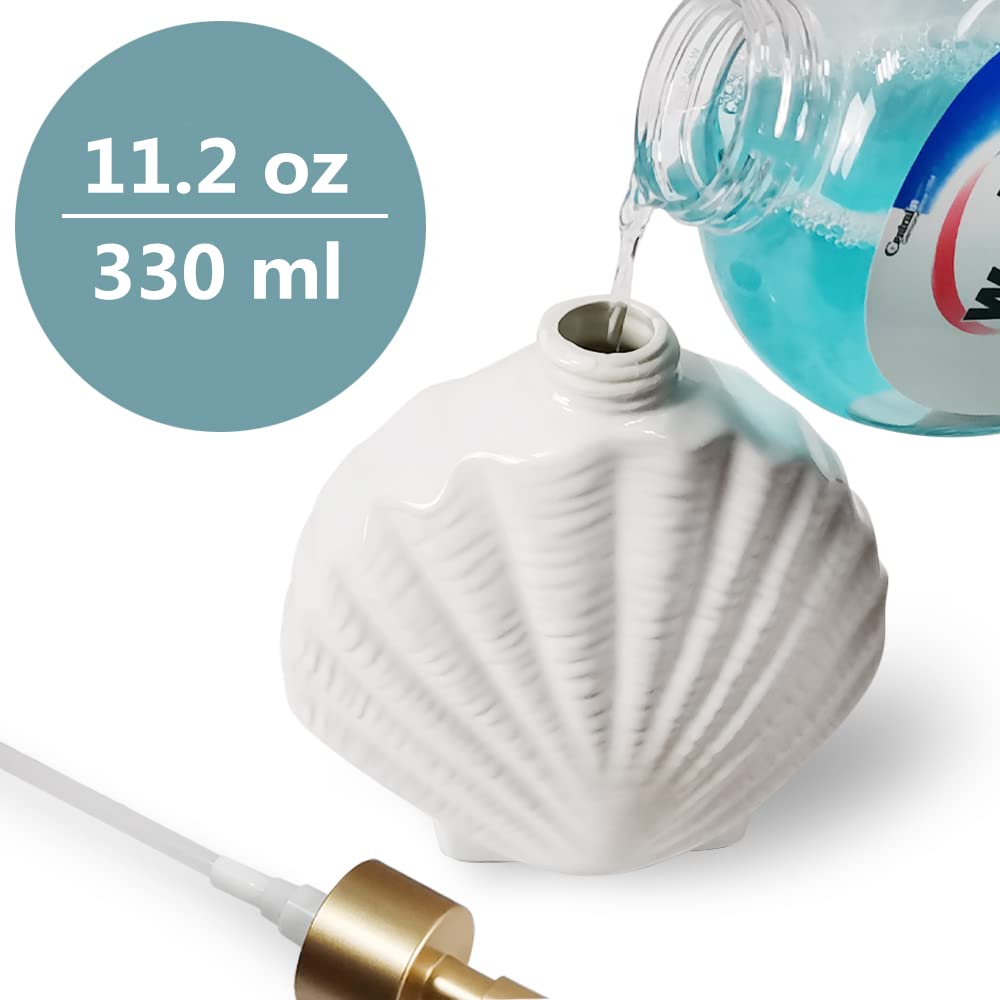Dispensador de jabón en forma de concha, botella de loción de cerámica blanca con bomba dorada mate, decoración del hogar para baño y cocina 5