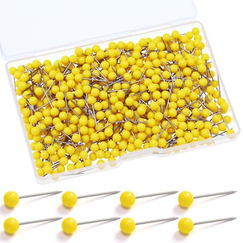WILLBOND 500 Pack Map Push Pins Map Tacks Small Round Head Push Pins Thumb Tacks for Travel Picture Photo Bulletin Board Wall DIY Craft School Office Home(Yellow 1/6 Inch)