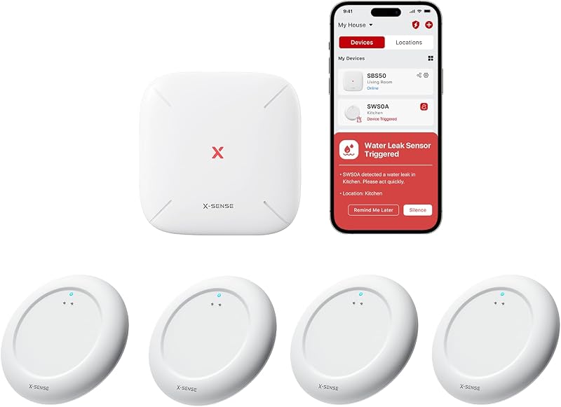 X-Sense Ultra-Slim Wi-Fi Water Leak Detector, 4 Sensors + Base, SWS0A41 | 0.7 in Thin Design, Real-Time Alerts, Detects Water as Low as 0.4 mm, 1700 ft Range, Under Appliances & Behind Toilets